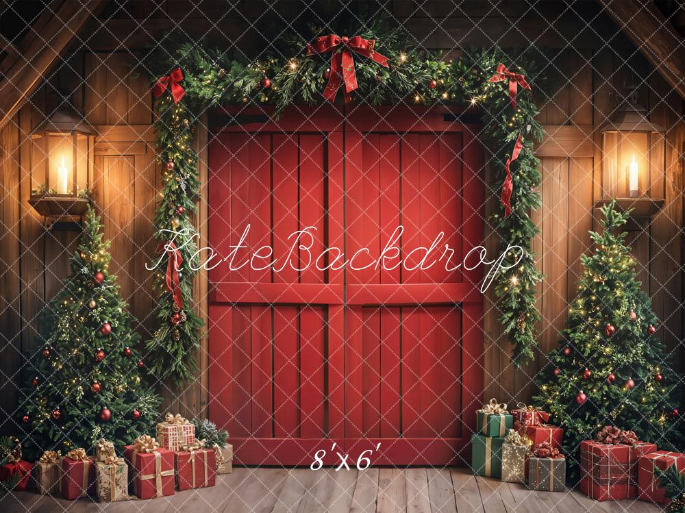 Kate Weihnachten Rote Tür Girlande Holz Fleece Hintergrund Entworfen von Emetselch - Kate Backdrop.de