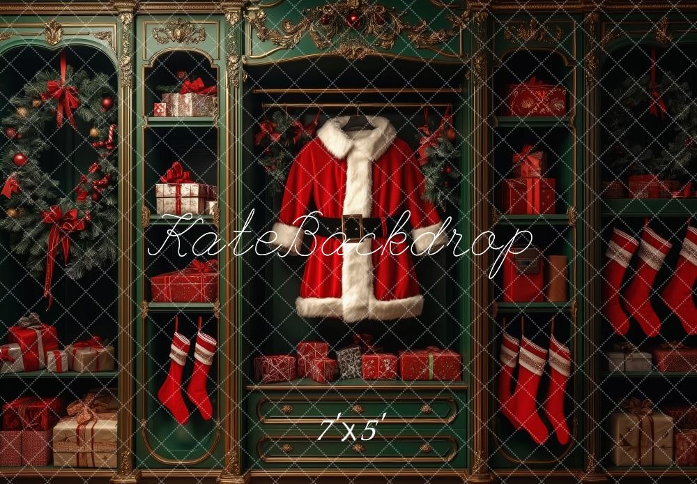 Kate Weihnachten Santa Kostüm Geschenke Regal Hintergrund Entworfen von Patty Roberts - Kate Backdrop.de