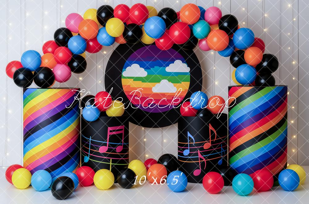 Kate Geburtstag Bunte Luftballons Regenbogen Streifen Hintergrund Entworfen von Patty Roberts - Kate Backdrop.de