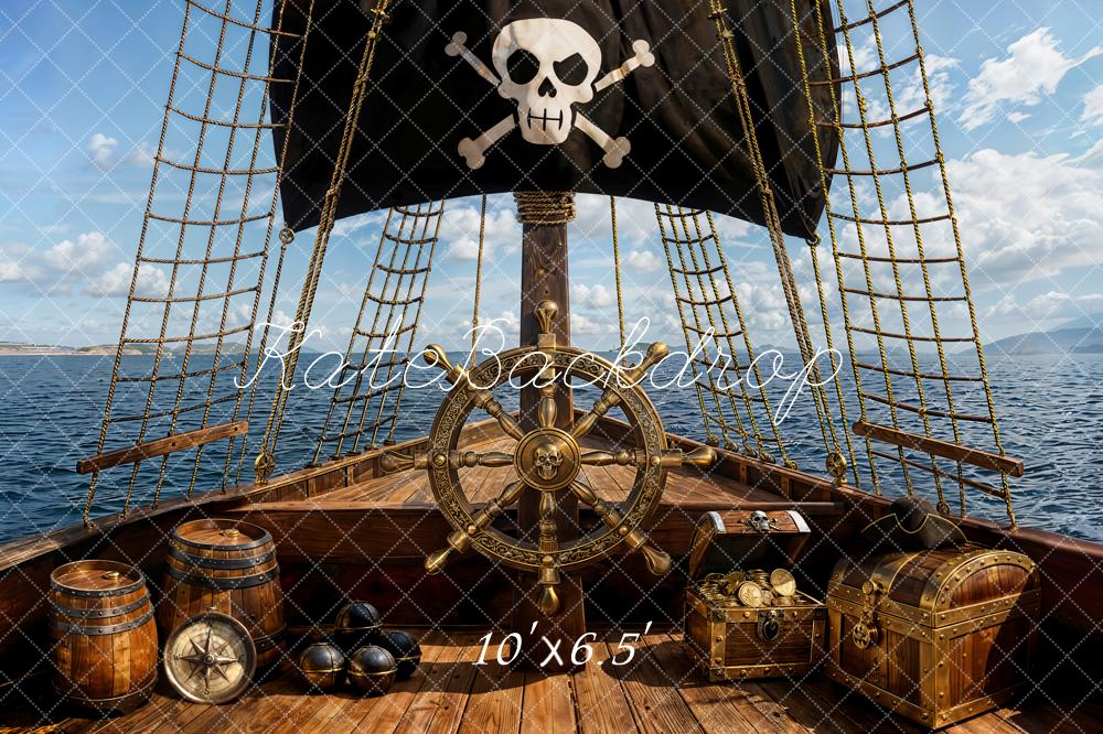 Kate Piraten Schiff Schatztruhe Meer Fleece Hintergrund Entworfen von Emetselch