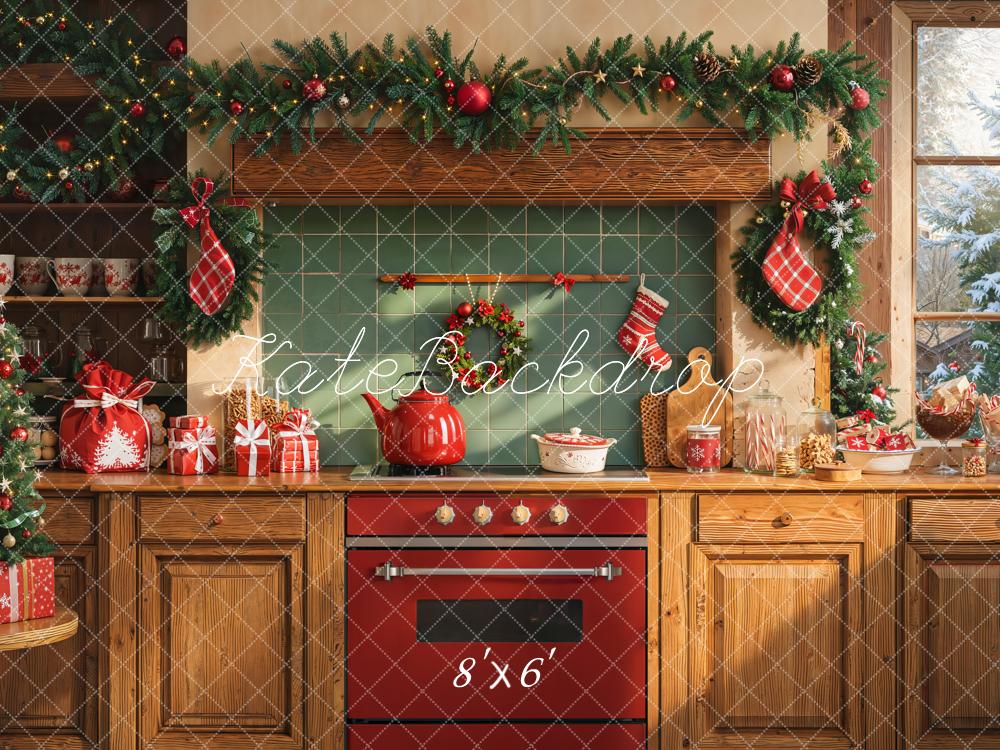 Kate Weihnachten Küche Girlande Rot Fleece Hintergrund Entworfen von Emetselch - Kate Backdrop.de