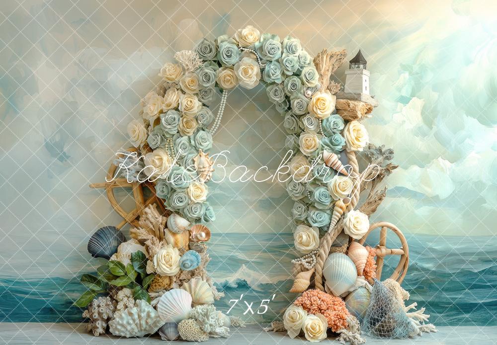 Kate Flower Bogen Muscheln Leuchtturm Pastell Hintergrund Entworfen von Mini MakeBelieve - Kate Backdrop.de