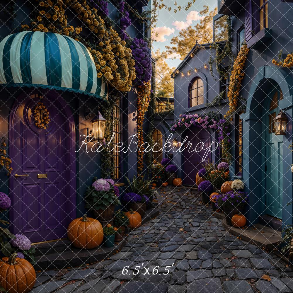 Kate Halloween Dorf Straße Kürbisse Blumen Hintergrund Entworfen von Emetselch - Kate Backdrop.de