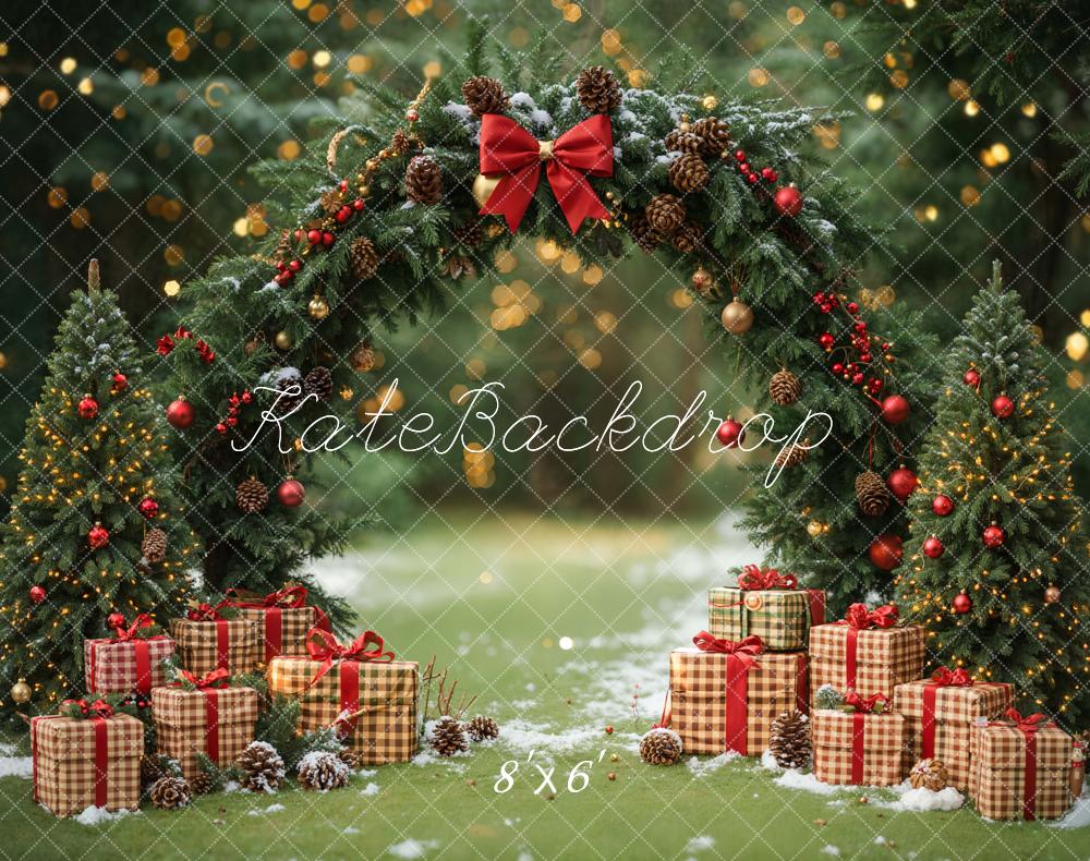 Kate Weihnachten Geschenkstapel Tannenbogen Wald Fleece Hintergrund Entworfen von Emetselch - Kate Backdrop.de
