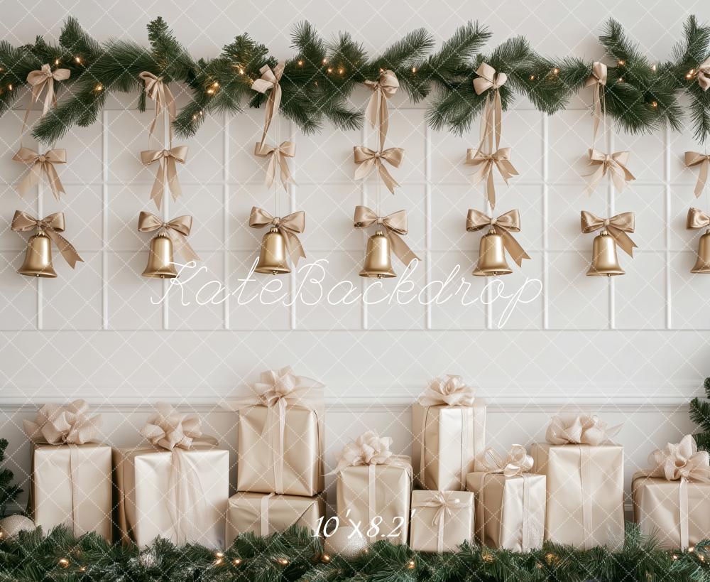 Kate Weihnachten Geschenke Glocken Gold Hintergrund Entworfen von Patty Roberts - Kate Backdrop.de