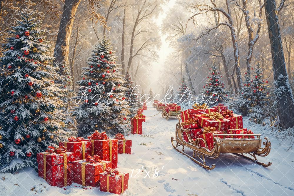 Kate Weihnachten Geschenke Schlitten Winterwald Fleece Hintergrund Entworfen von Emetselch - Kate Backdrop.de
