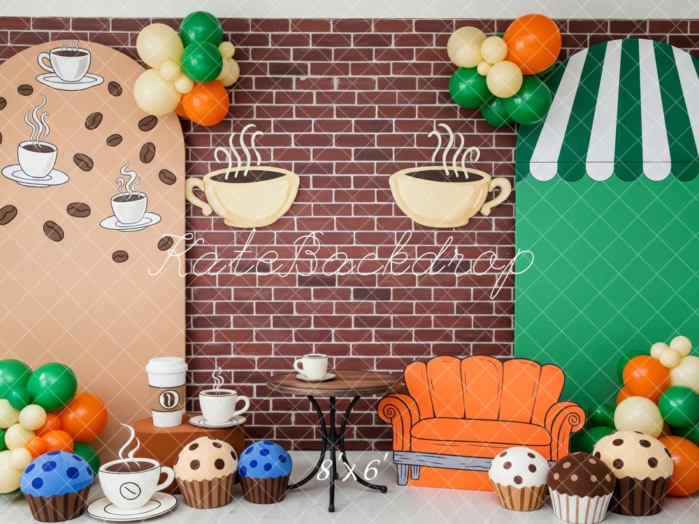 Kate Kaffeehaus Sofa Muffins Ziegelwand Hintergrund Entworfen von Patty Roberts - Kate Backdrop.de
