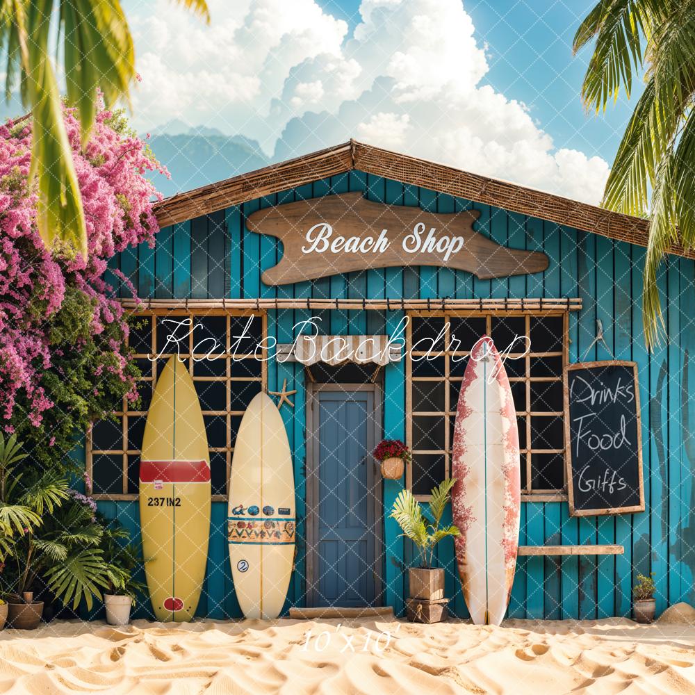 Kate Sommer Surfbretter Strandhaus Blau Hintergrund Entworfen von Emetselch - Kate Backdrop.de