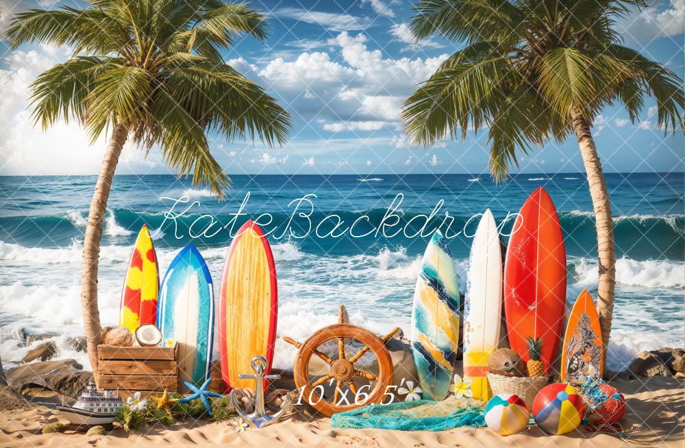 Kate Sommer Surfbretter Palmen Meer Bunt Hintergrund Entworfen von Emetselch - Kate Backdrop.de
