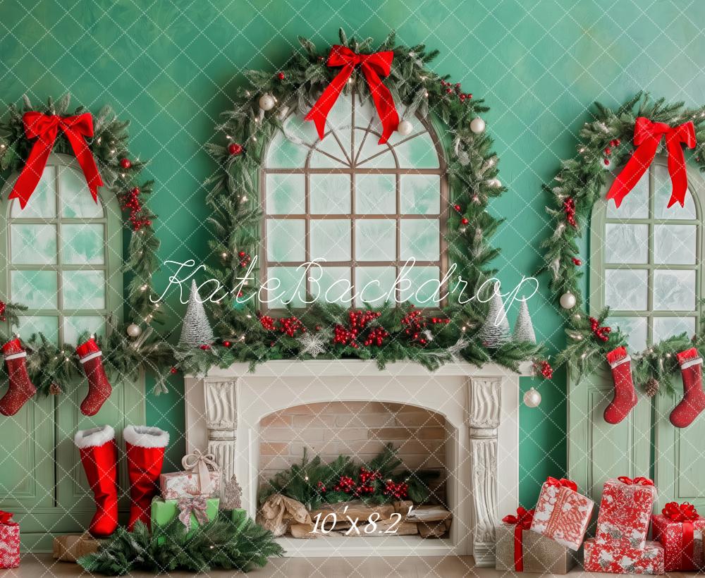Kate Weihnachten Kamin Fenster Girlande Grün Hintergrund Entworfen von Patty Roberts - Kate Backdrop.de