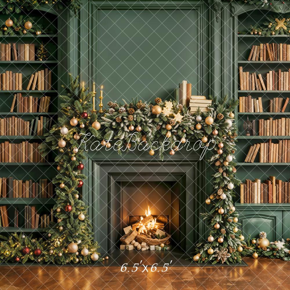 Kate Weihnachten Kamin Bücherregal Grün Hintergrund Entworfen von Emetselch - Kate Backdrop.de