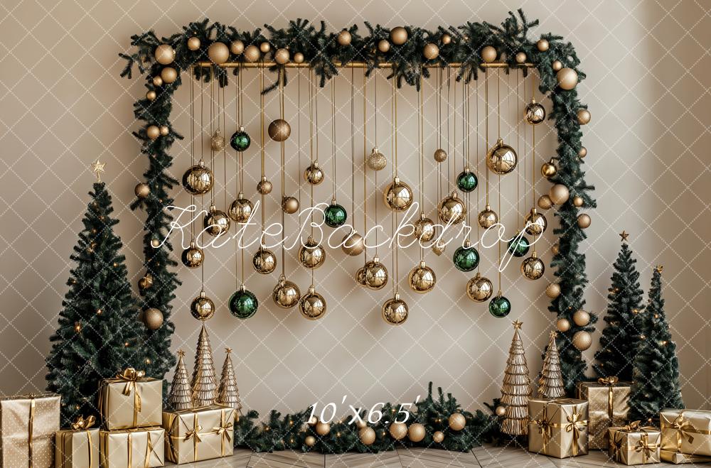 Kate Weihnachten Geschenkboxen Christbaumkugeln Goldgrün Hintergrund Entworfen von Patty Roberts - Kate Backdrop.de