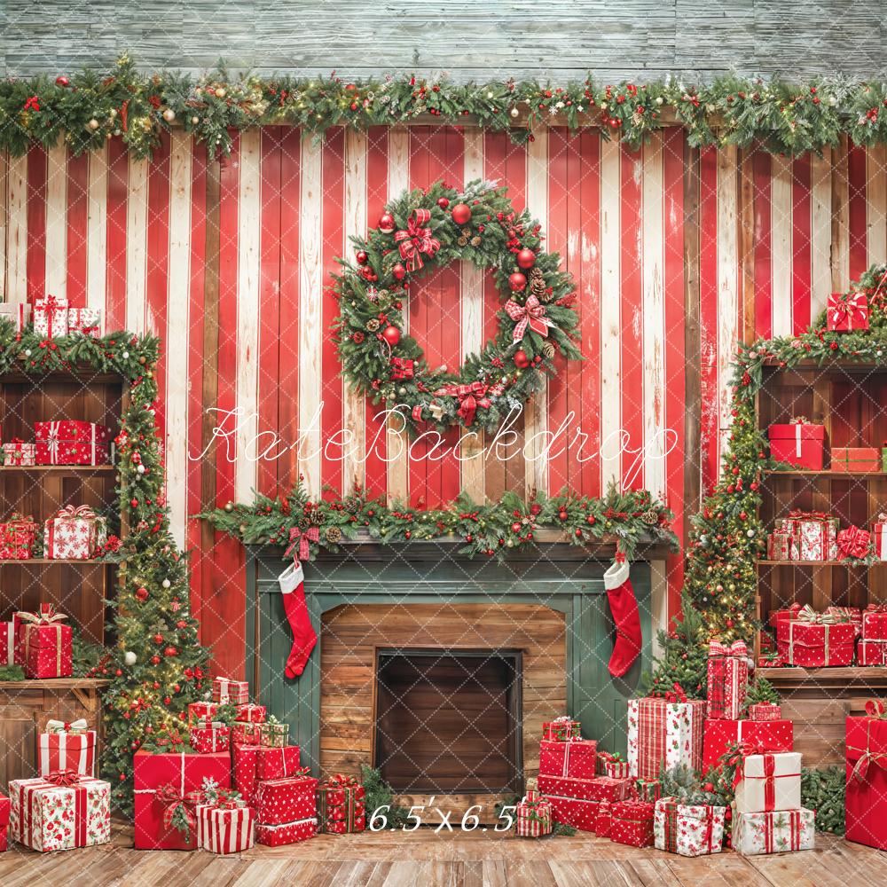 Kate Weihnachten Kamin Kranz Geschenke Rot Hintergrund Entworfen von Emetselch - Kate Backdrop.de