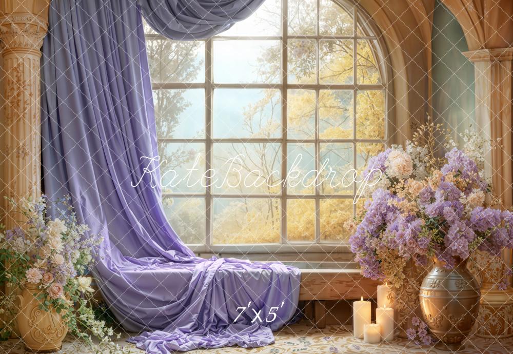 Kate Romantik Fenster Lila Vorhang Blumen Hintergrund Entworfen von Emetselch