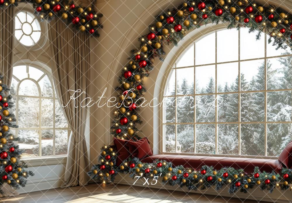 Kate Weihnachten Fenster Tannenzweige Rot Gold Hintergrund Entworfen von Mini MakeBelieve - Kate Backdrop.de