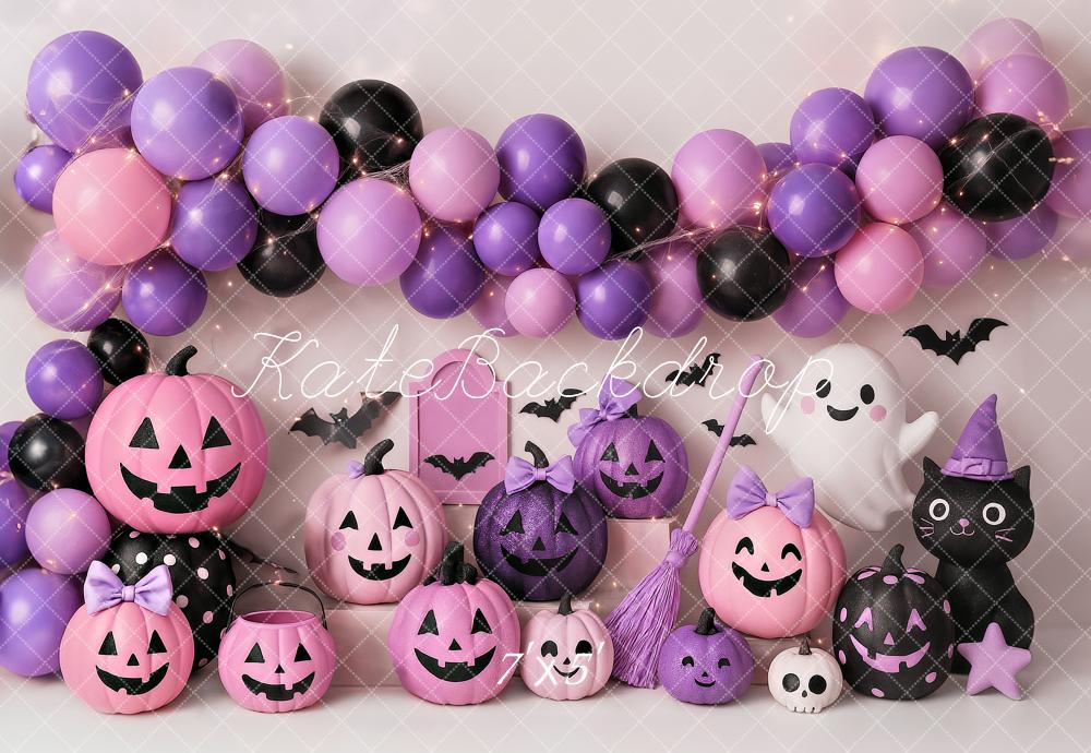 Kate Halloween Kürbisse Ballons Lila Hintergrund Entworfen von Ashley Paul - Kate Backdrop.de