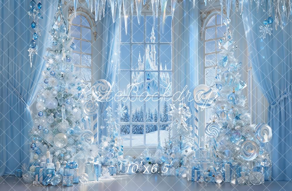 Kate Weihnachten Schloss Eiszapfen Blau Fleece Hintergrund Entworfen von Emetselch - Kate Backdrop.de