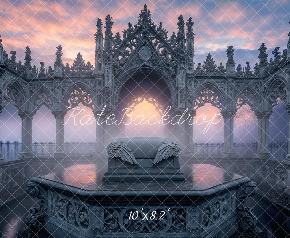 Kate Gothic Ruine Engelsflügel Sonnenuntergang Hintergrund Entworfen von Mini MakeBelieve
