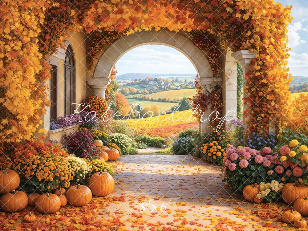 Kate Herbst Kürbisse Blumenbogen Landschaft Fleece Hintergrund Entworfen von Emetselch - Kate Backdrop.de