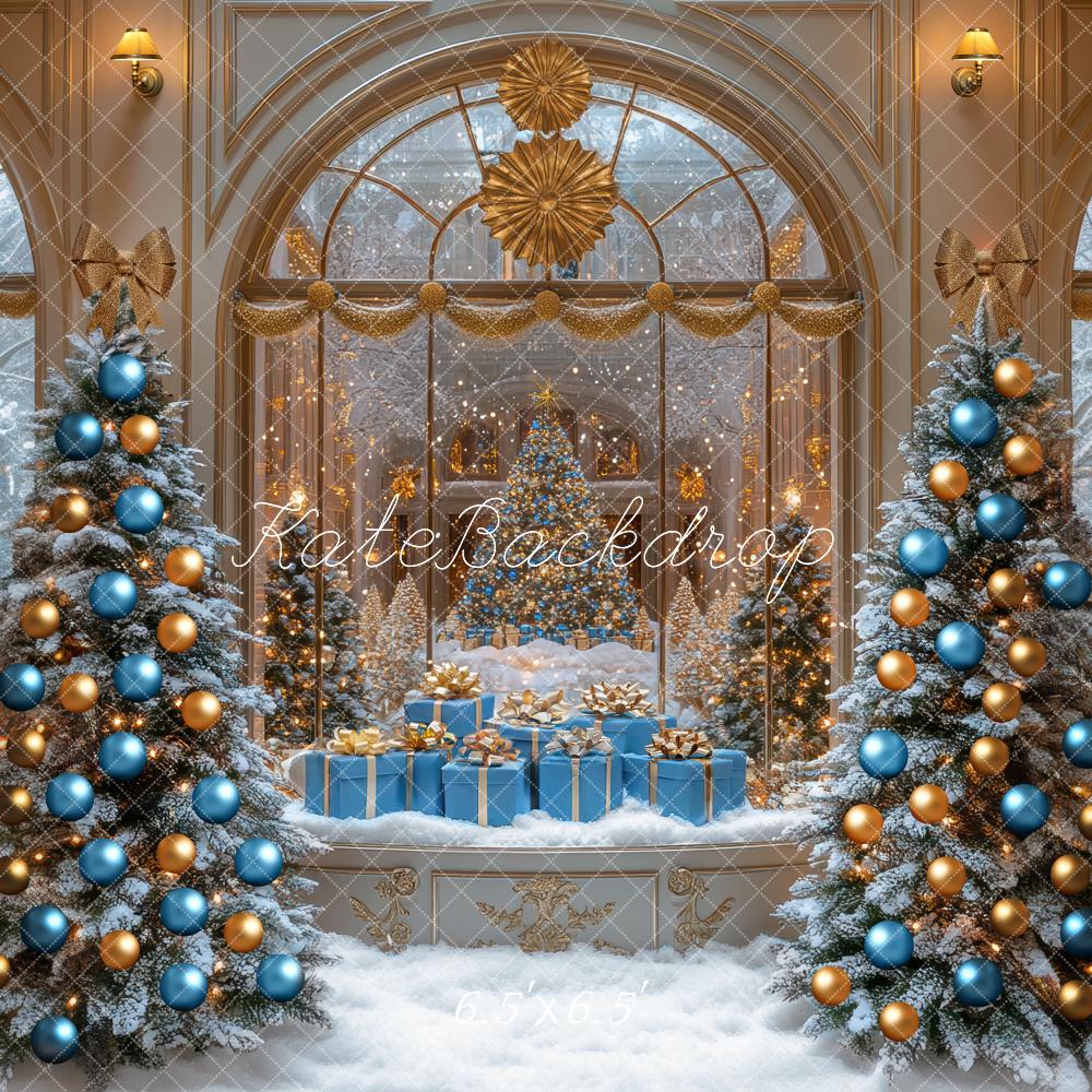 Kate Weihnachten Tannenbaum Geschenke Blau Gold Hintergrund Entworfen von Mini MakeBelieve - Kate Backdrop.de