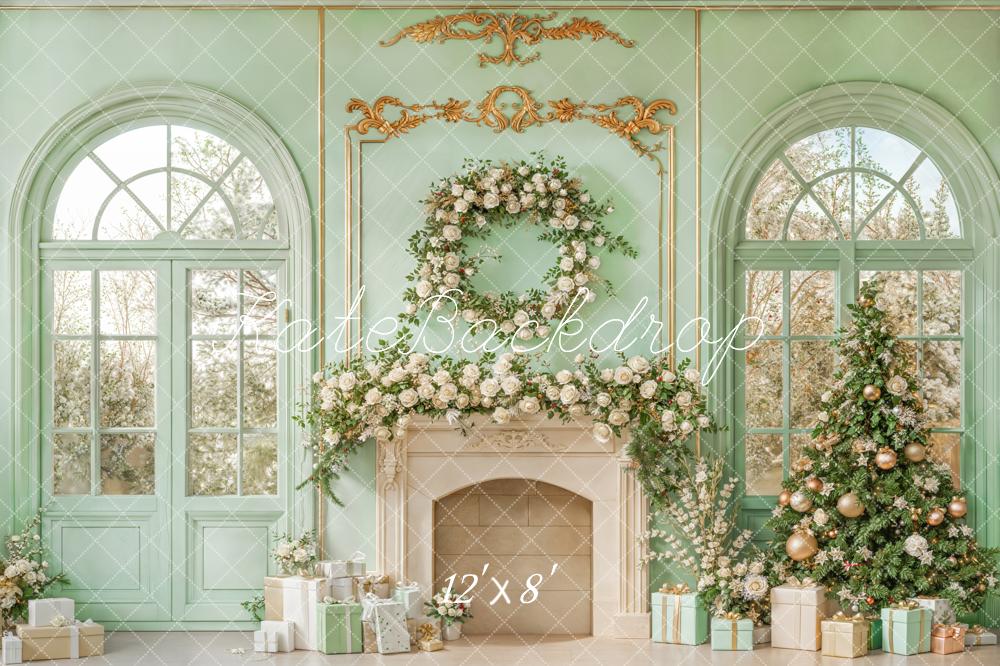 Kate Weihnachten Kamin Geschenke Blumen Mintgrün Fleece Hintergrund Entworfen von Emetselch - Kate Backdrop.de