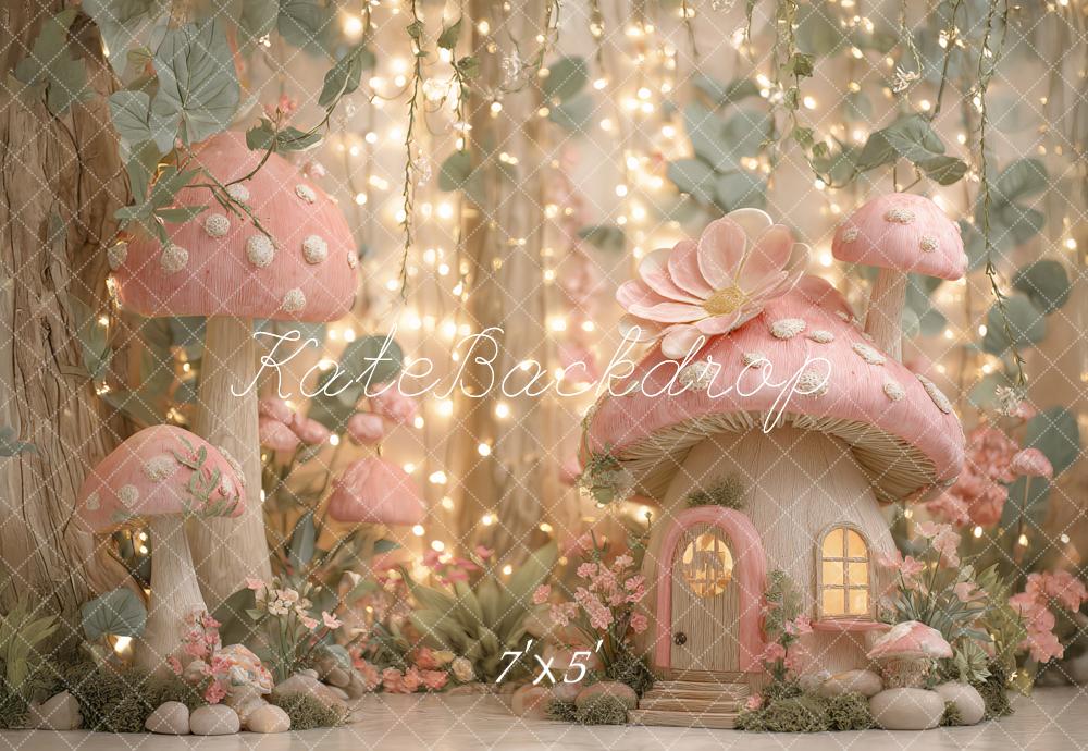 Kate Märchen Pilzhäuser Lichter Rosa Hintergrund Entworfen von Ashley Paul - Kate Backdrop.de