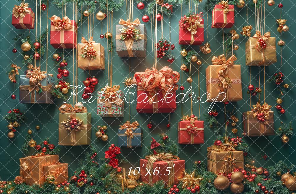 Kate Weihnachten Geschenke Tannenzweige Rot Gold Fleece Hintergrund Entworfen von Emetselch - Kate Backdrop.de
