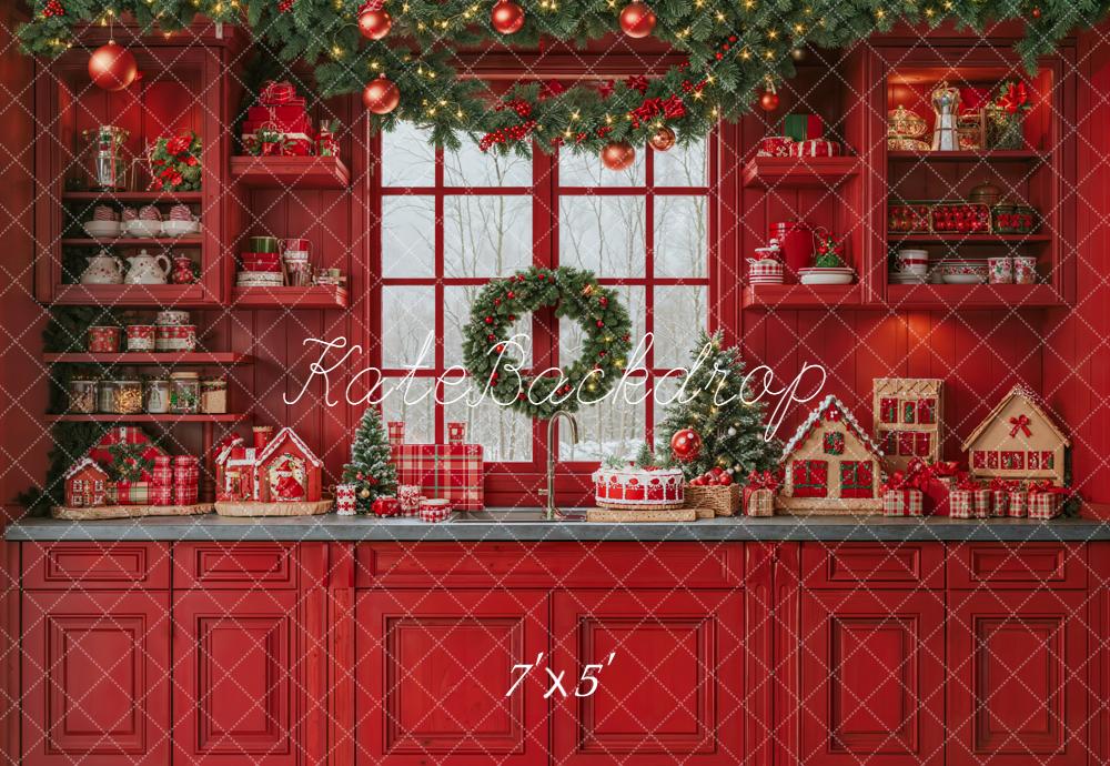 Kate Weihnachten Küche Lebkuchenhaus Rot Hintergrund Entworfen von Emetselch - Kate Backdrop.de