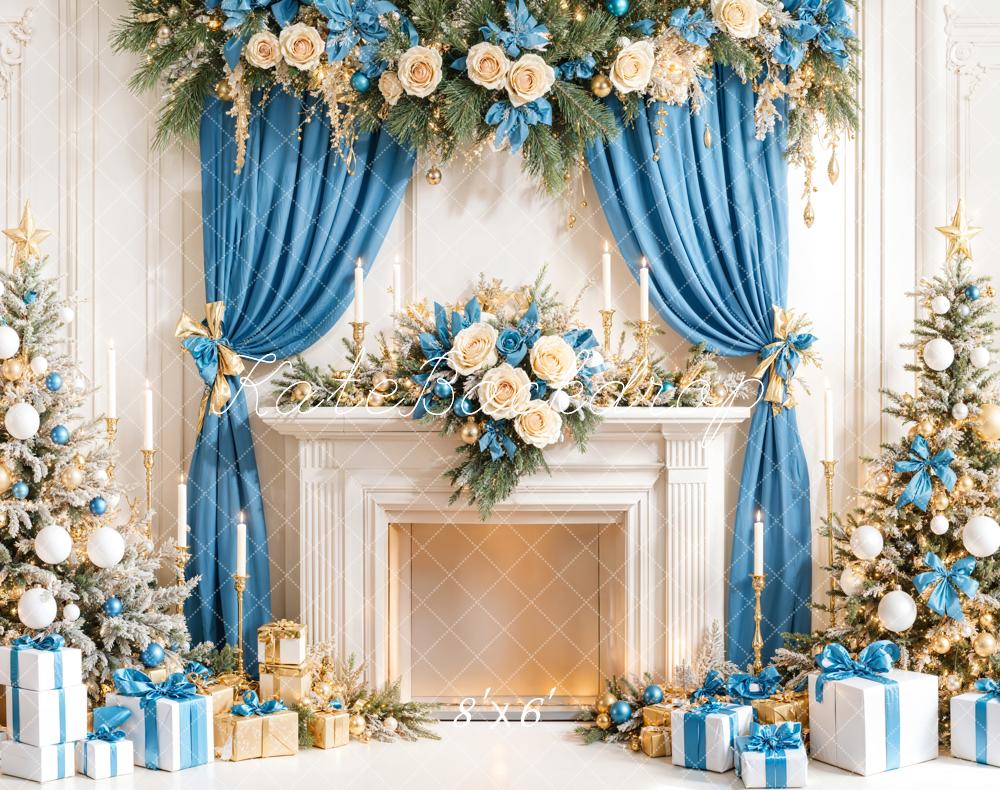 Kate Weihnachten Kamin Geschenke Blau Gold Fleece Hintergrund Entworfen von Emetselch - Kate Backdrop.de