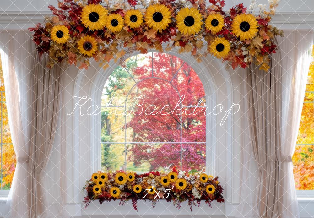 Kate Herbst Fenster Sonnenblumen Blumenbogen Hintergrund Entworfen von Mini MakeBelieve - Kate Backdrop.de