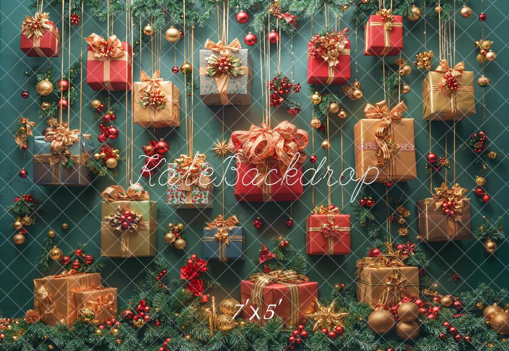 Kate Weihnachten Geschenke Tannenzweige Rotgold Hintergrund Entworfen von Emetselch - Kate Backdrop.de