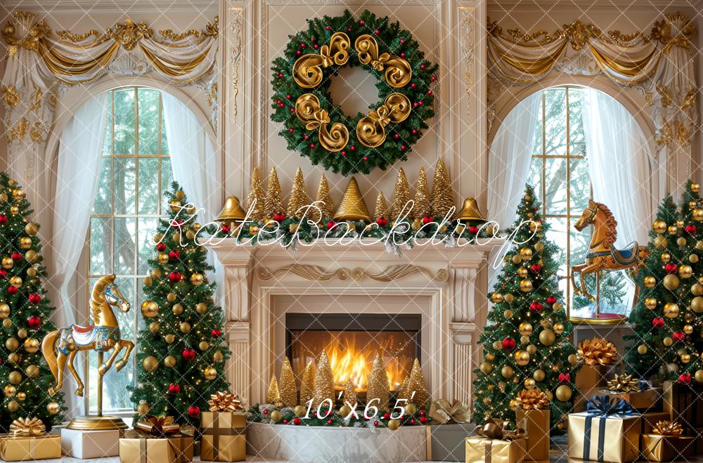 Kate Weihnachten Kamin Tannenbäume Gold Hintergrund Entworfen von Mini MakeBelieve - Kate Backdrop.de