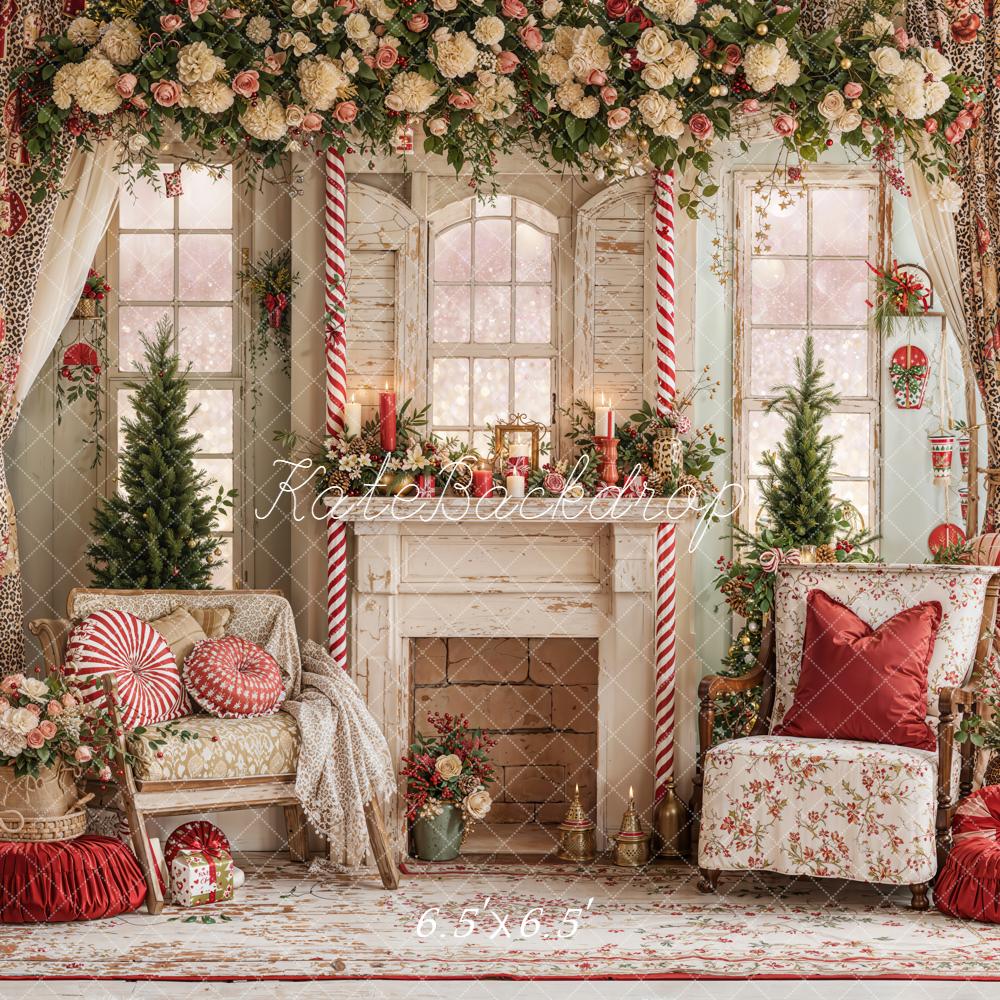 Kate Weihnachten Kamin Fenster Blumen Vintage Hintergrund Entworfen von Emetselch - Kate Backdrop.de