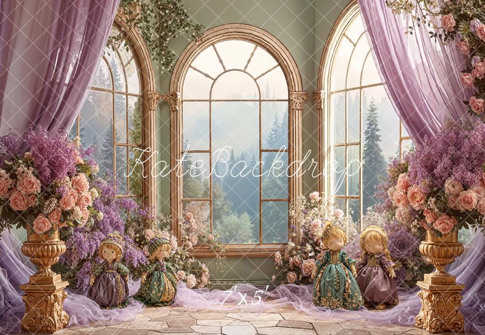 Kate Kinder Puppen Fenster Blumen Lila Hintergrund Entworfen von Emetselch - Kate Backdrop.de