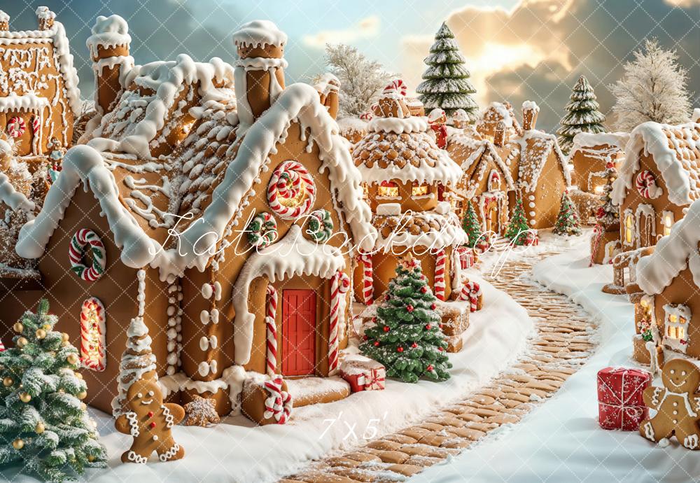 Flash Sale-Kate Weihnachten Lebkuchenhaus Schneelandschaft Hintergrund Entworfen von Emetselch