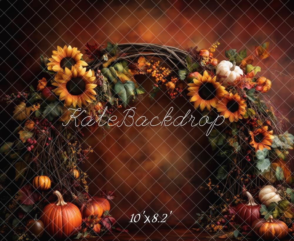 Kate Herbst Kürbis Sonnenblumen Kranz Braun Hintergrund Entworfen von Patty Roberts - Kate Backdrop.de