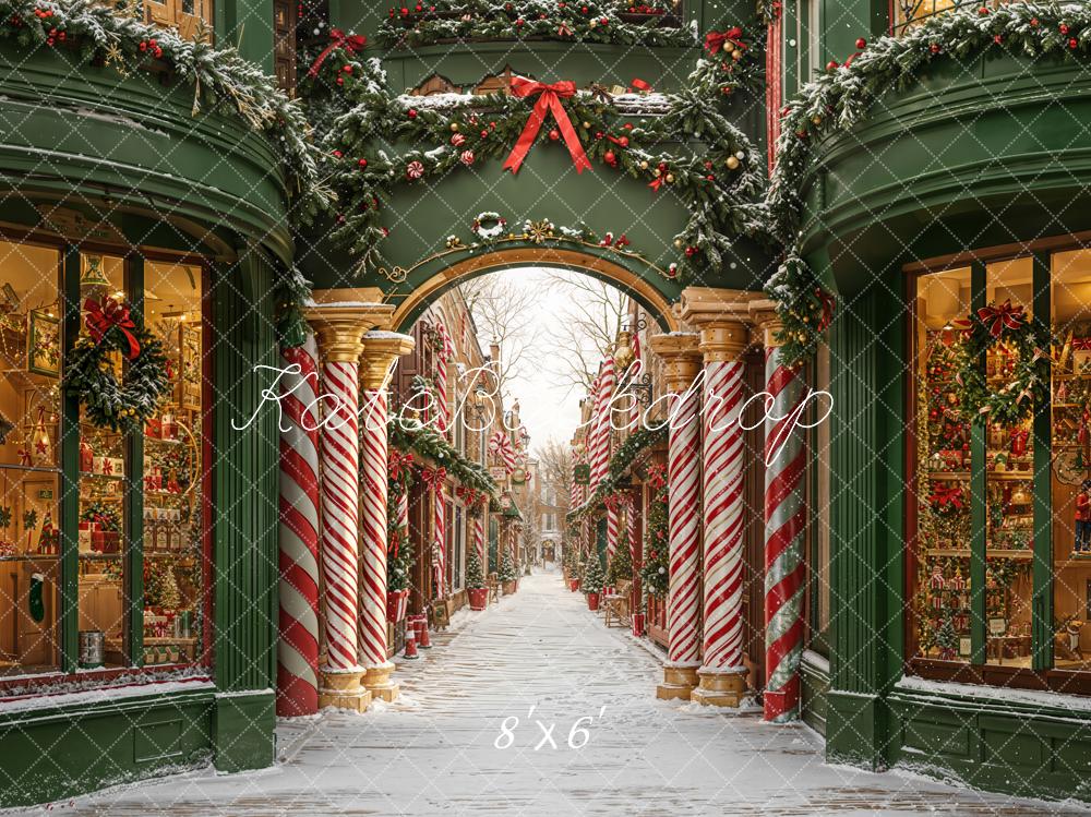 Kate Weihnachten Dekorierte Straße Girlanden Rot Grün Fleece Hintergrund Entworfen von Emetselch - Kate Backdrop.de