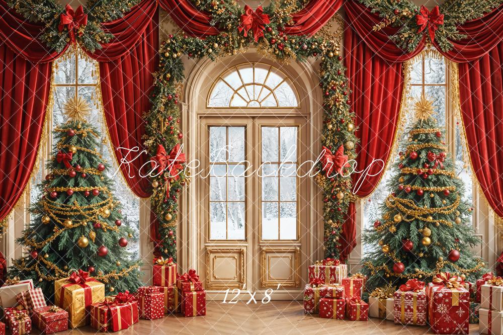 Kate Weihnachten Tannenbäume Geschenke Rot Fleece Hintergrund Entworfen von Emetselch - Kate Backdrop.de