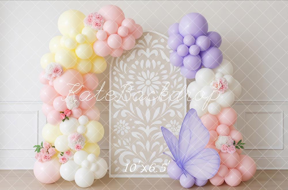Kate Blumenbogen Ballons Schmetterling Pastell Hintergrund Entworfen von Mini MakeBelieve - Kate Backdrop.de