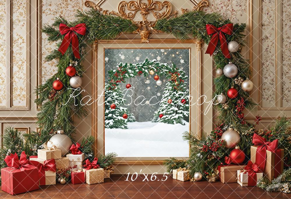 Kate Weihnachten Geschenke Kranz Rot Gold Fleece Hintergrund Entworfen von Emetselch - Kate Backdrop.de