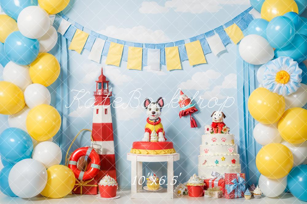 Kate Geburtstag Hund Leuchtturm Ballons Bunt Hintergrund Entworfen von Emetselch - Kate Backdrop.de