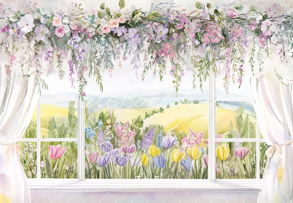 Kate Frühling Fenster Blumenstrauß Aquarell Hintergrund Entworfen von Mini MakeBelieve - Kate Backdrop.de