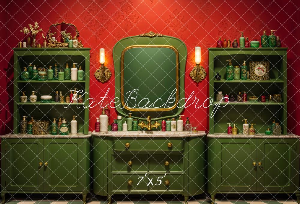 Kate Vintage Badezimmer Schränke Spiegel Rot Hintergrund Entworfen von Emetselch - Kate Backdrop.de