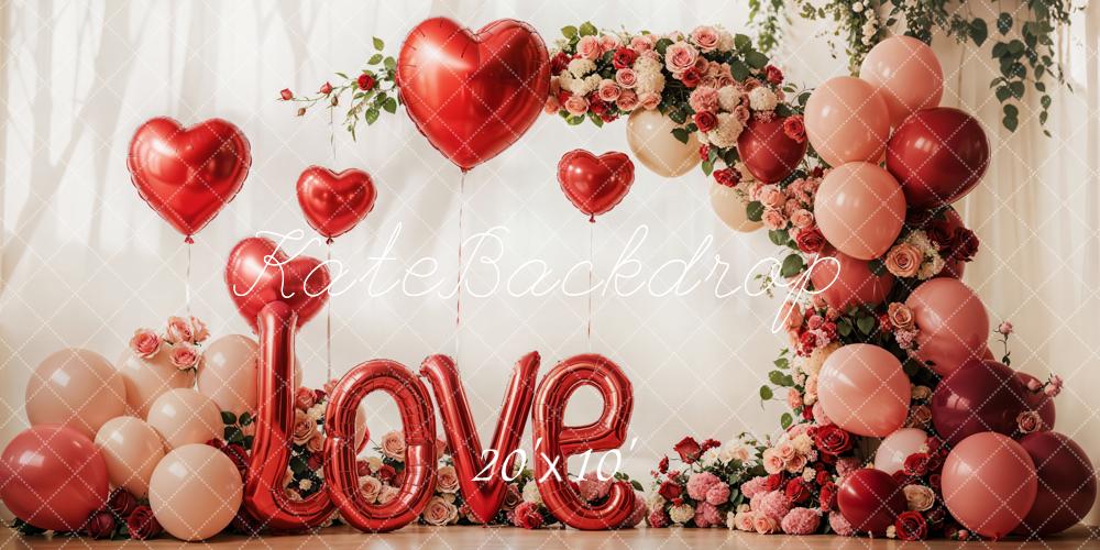 Kate Valentinstag Herzballons Blumenbogen Rot Hintergrund Entworfen von Emetselch