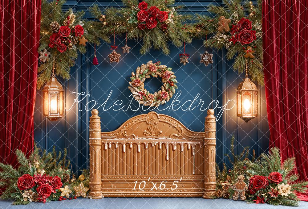 Kate Weihnachten Lebkuchenbett Tannenzweige Rot Fleece Hintergrund Entworfen von Emetselch - Kate Backdrop.de