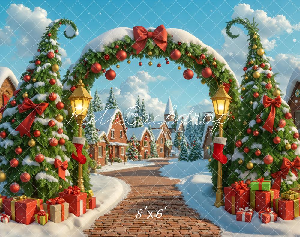 Kate Weihnachten Dorf Geschenkboxen Tannenbäume Fleece Hintergrund Entworfen von Emetselch - Kate Backdrop.de