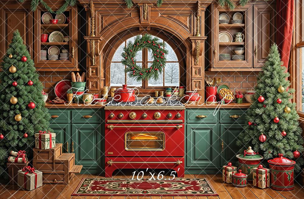 Kate Weihnachten Küche Weihnachtsbaum Holz Fleece Hintergrund Entworfen von Emetselch - Kate Backdrop.de