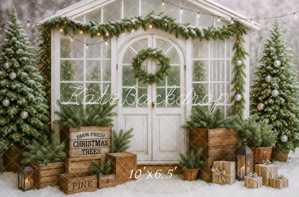 Kate Weihnachten Winterhaus Tannenzweige Weiß Hintergrund Entworfen von Patty Roberts