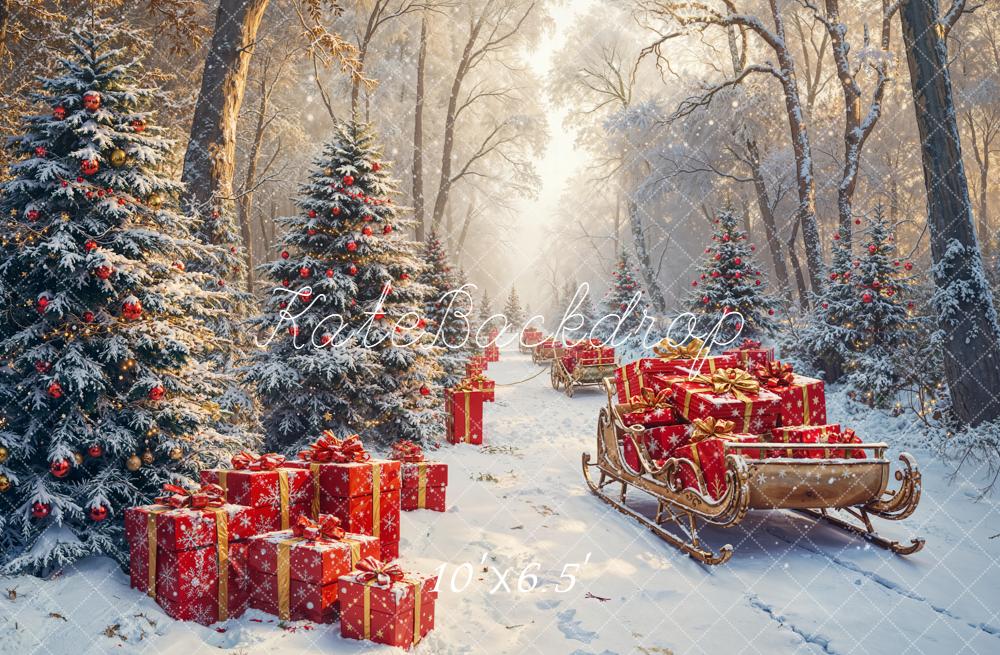 Kate Weihnachten Geschenke Schlitten Winterwald Fleece Hintergrund Entworfen von Emetselch - Kate Backdrop.de