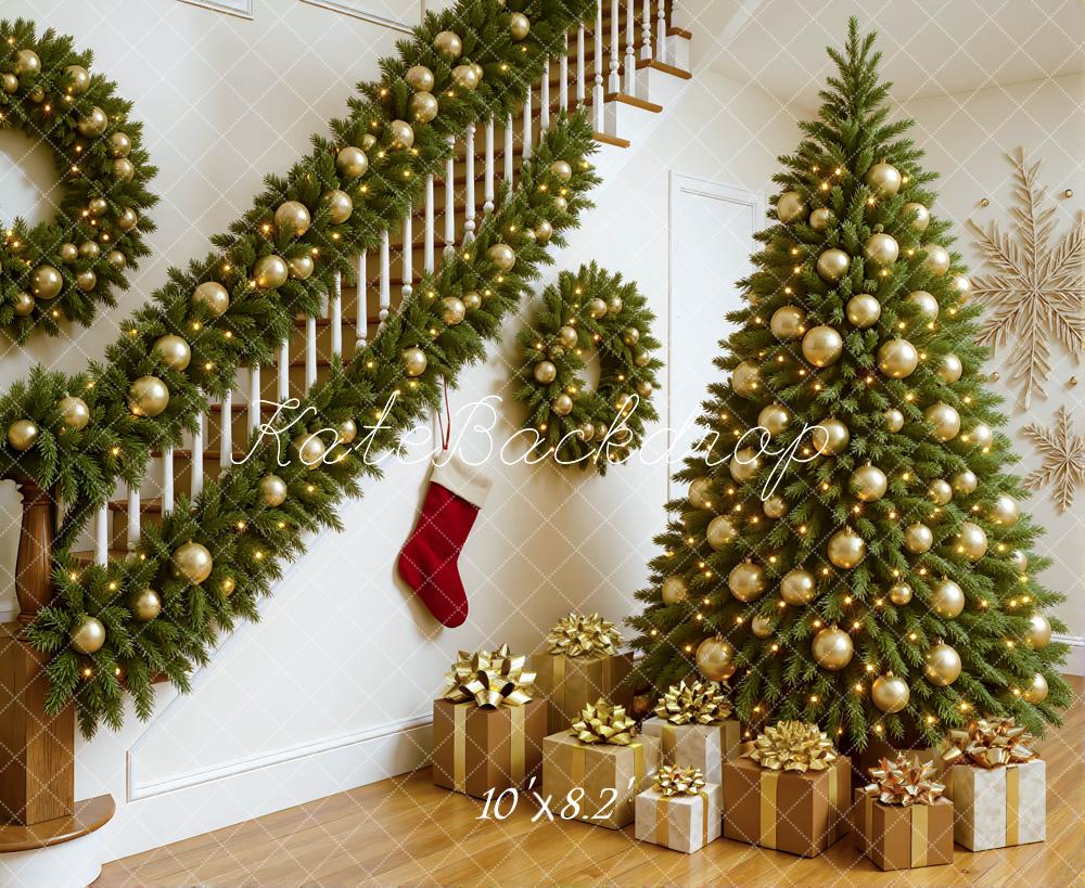 Kate Weihnachten Tannenbaum Geschenke Gold Hintergrund Entworfen von Mini MakeBelieve - Kate Backdrop.de
